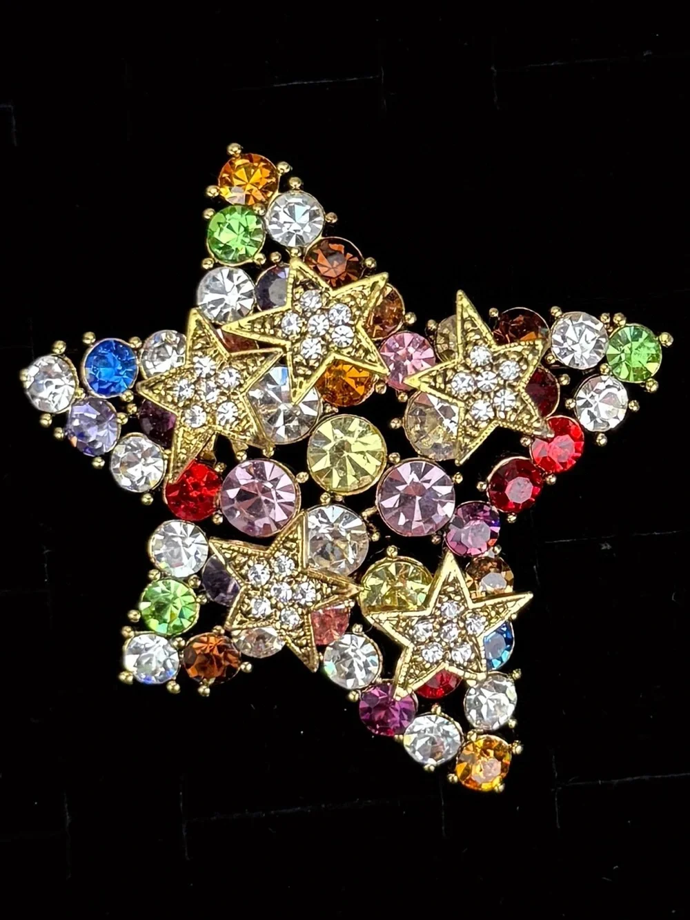 Goldtone Star Multicolor Crystal Weighted Brooch